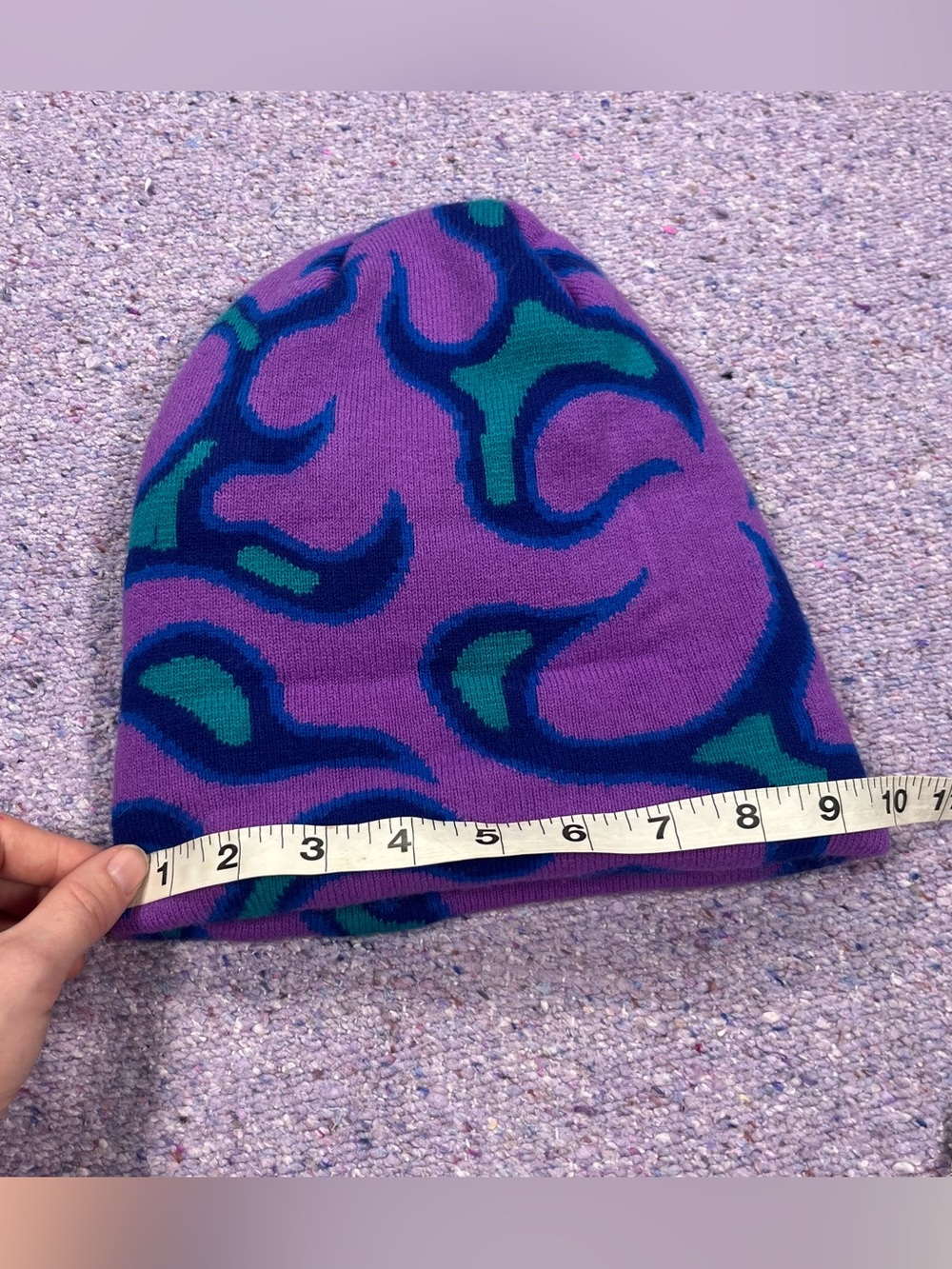 Petals and Peacocks Purple Blue Flame Pattern Beanie - Picture 8 of 8